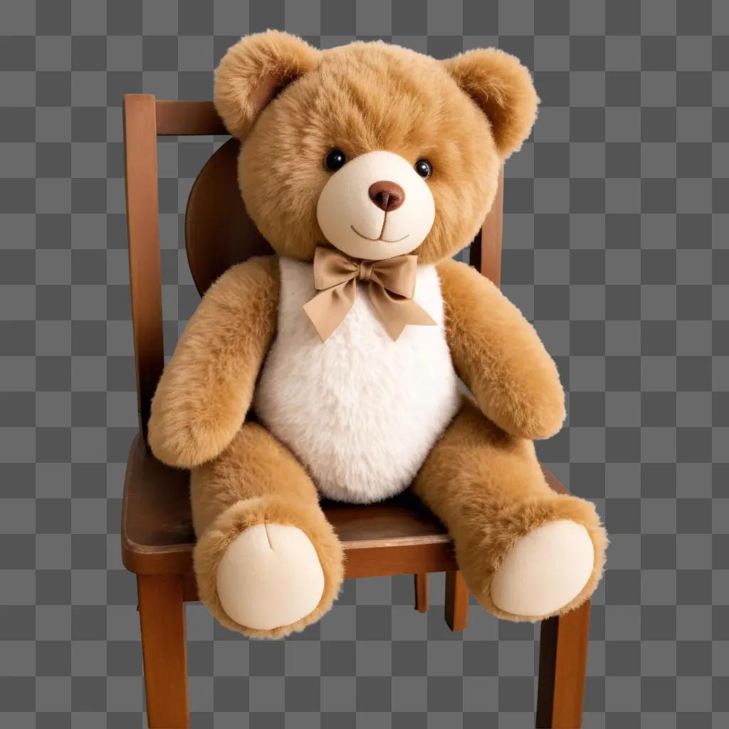 teddy bear sits on a wooden chair