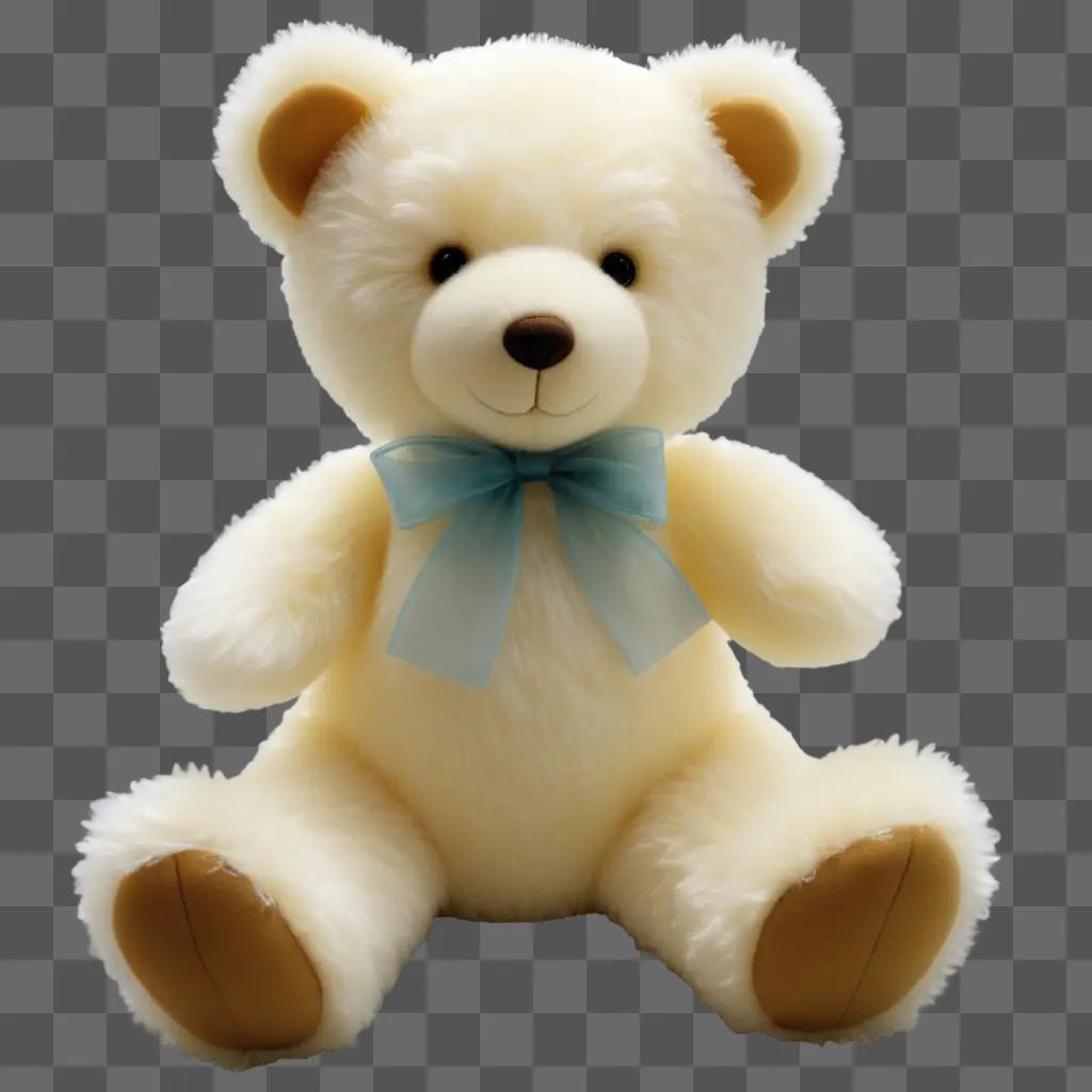 teddy bear with a transparent bow sitting on a white background