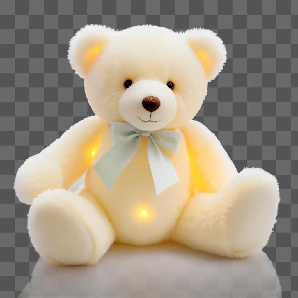 teddy bear with glowing lights sits on a tan background