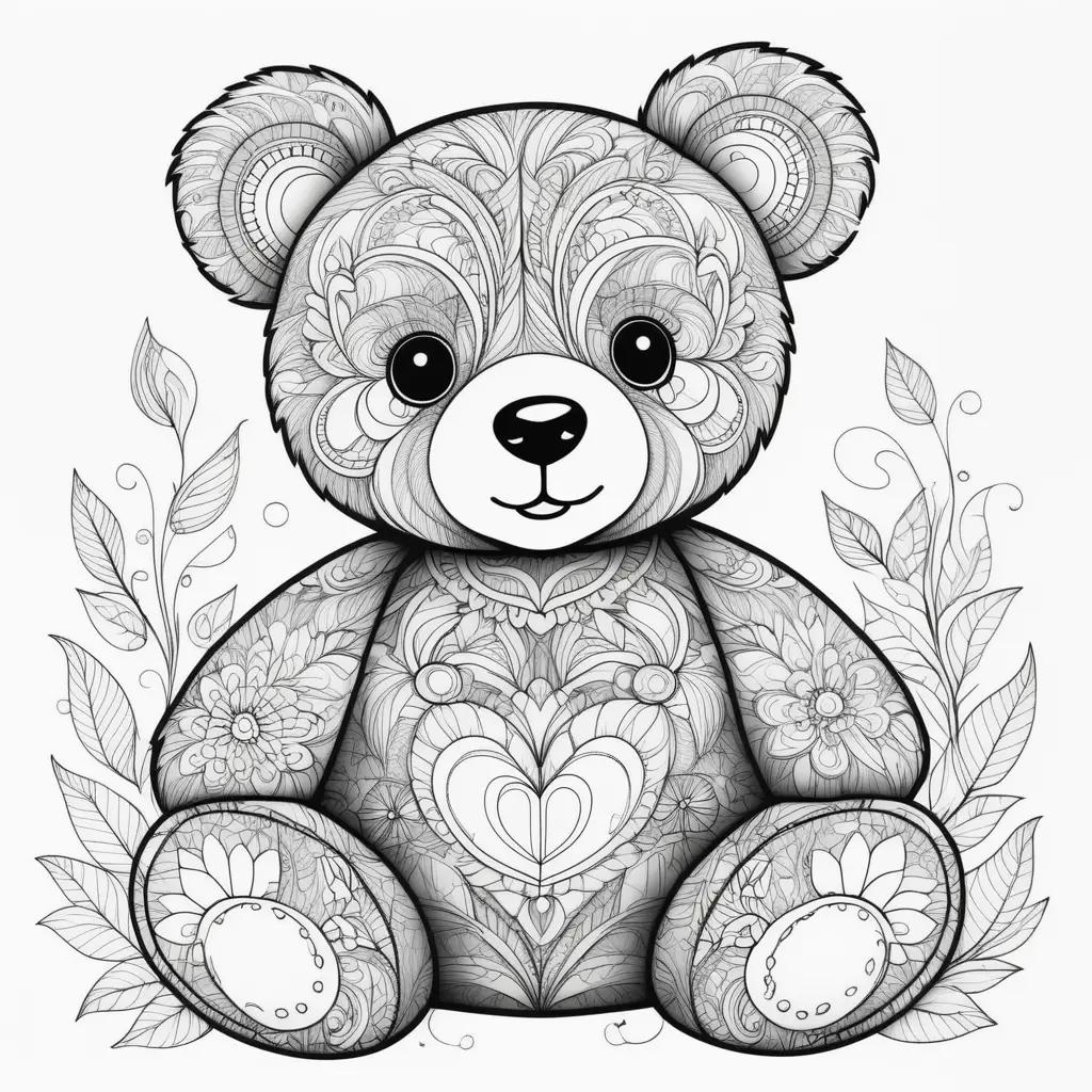 teddy bear with intricate patterns and flowers on a coloring page