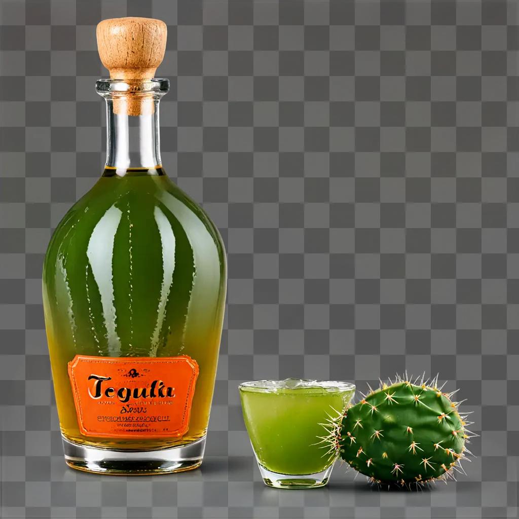 tequila with cactus in bottle A shot of tequila and a cactus