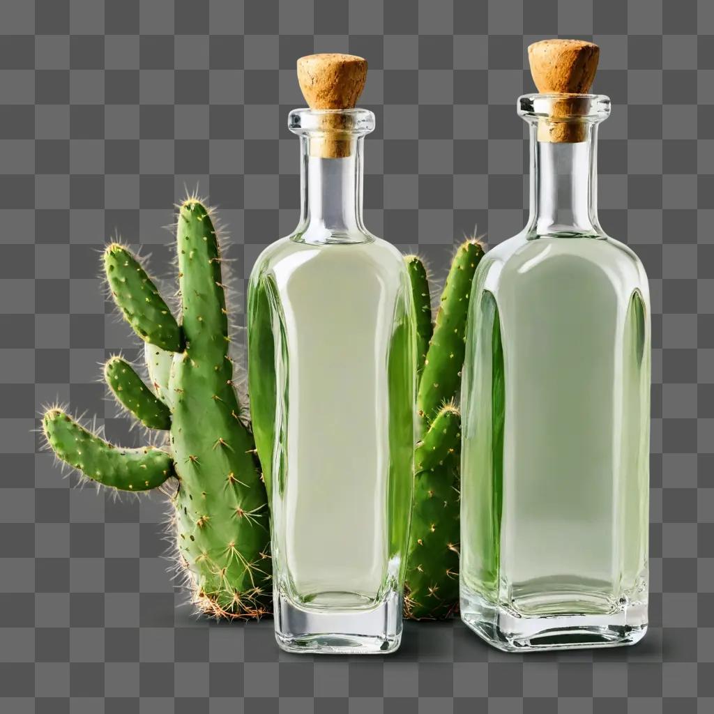 tequila with cactus in bottle Two clear bottles with corks stand next to cacti