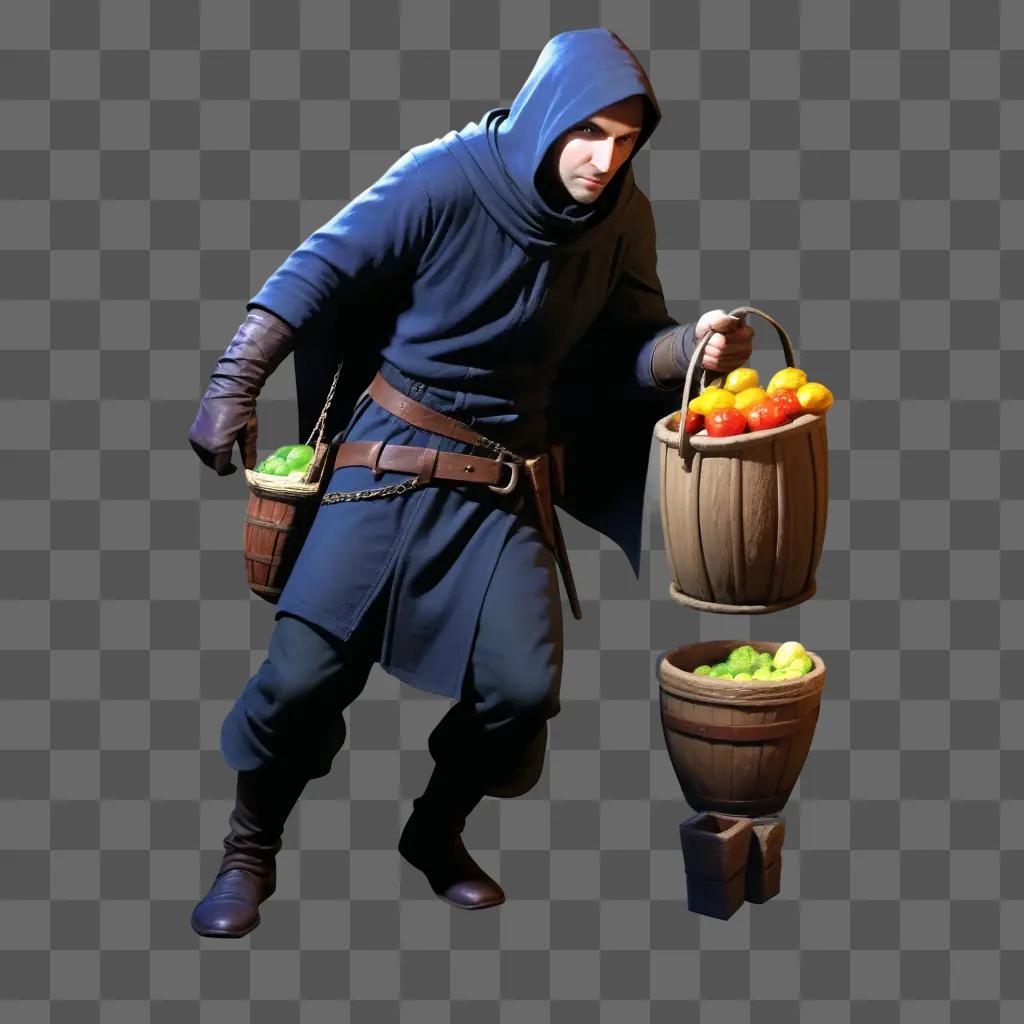 thief holds a bucket of fruit