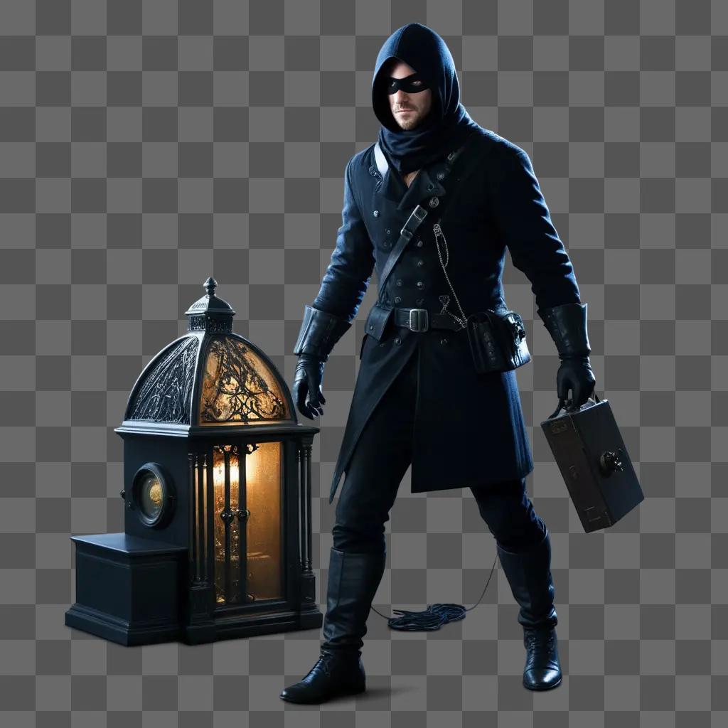 thief in black stands near a lantern