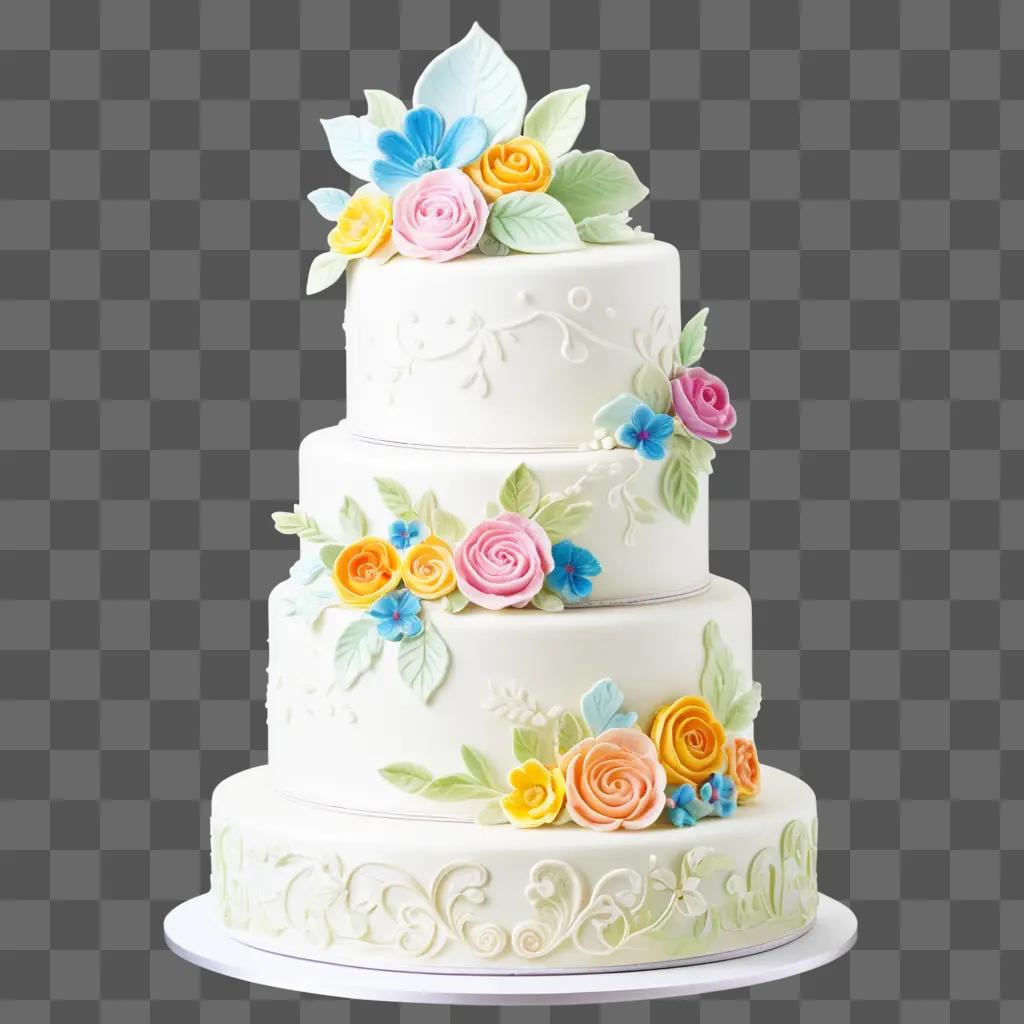 three tiered cake with a floral design on the top