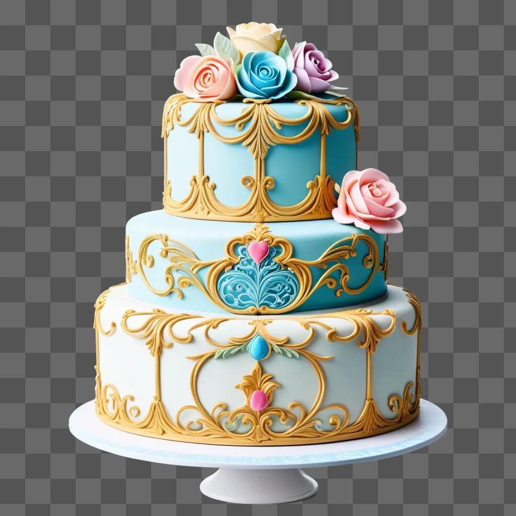 three-tiered cake with blue and gold designs is decorated with roses