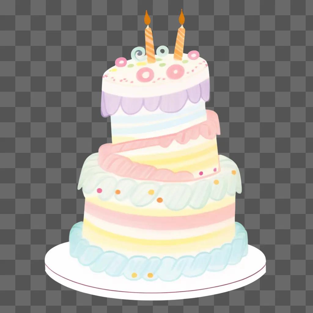 three-tiered cake with candles and colorful icing