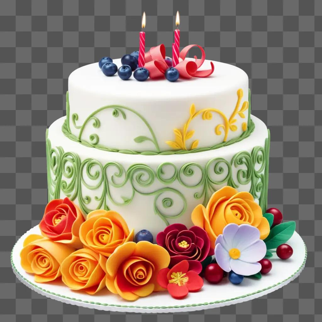 three-tiered cake with colorful flowers and berries