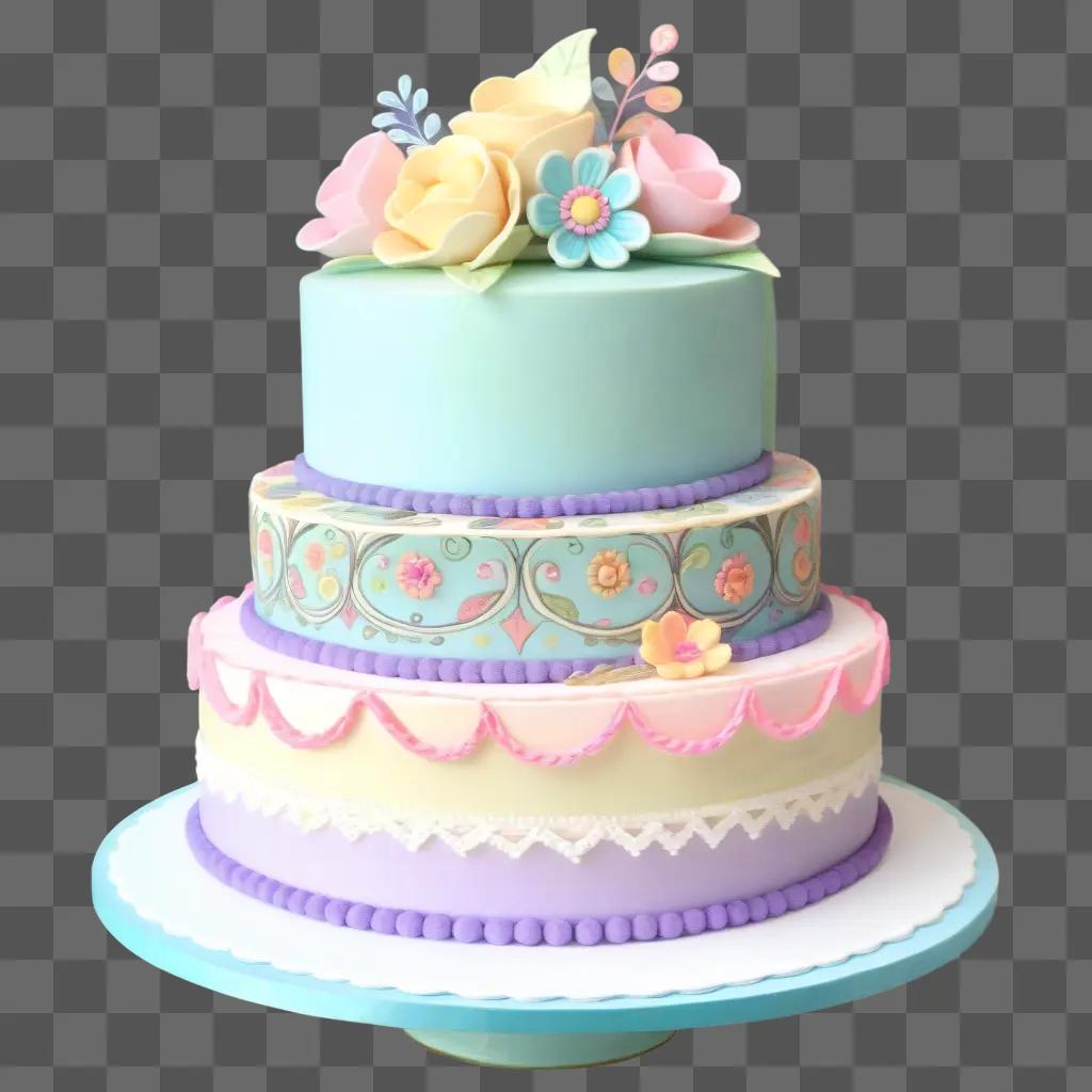 three-tiered cake with flowers and flowers in a clipart design