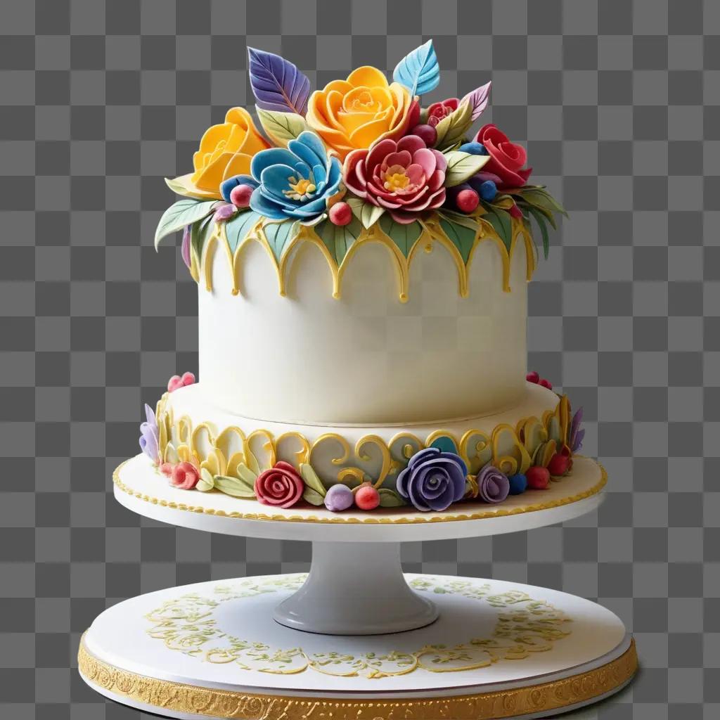 three-tiered cake with flowers on top and colorful icing