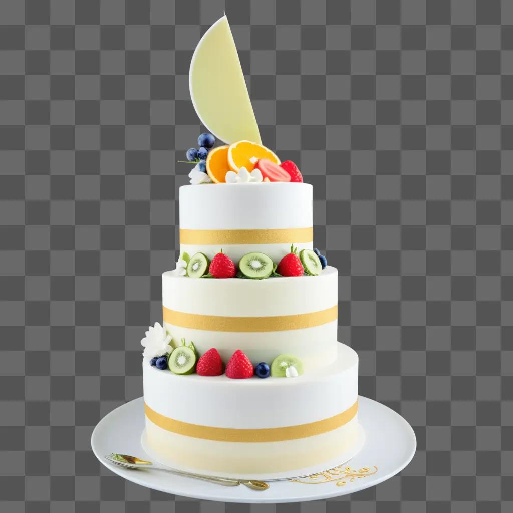 three-tiered cake with fruit slices on top