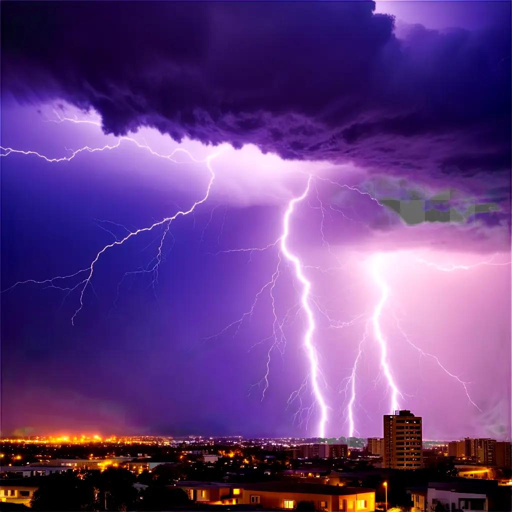 thunderstorm illuminates a city skyline