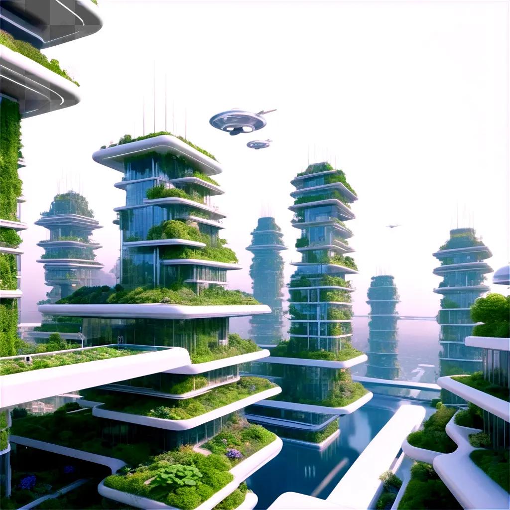 tificial intelligence designs city with plants and flying objects