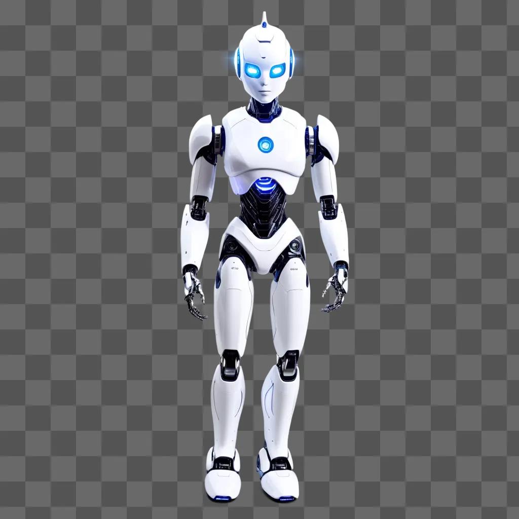 tificial intelligence robot in a white suit with blue eyes