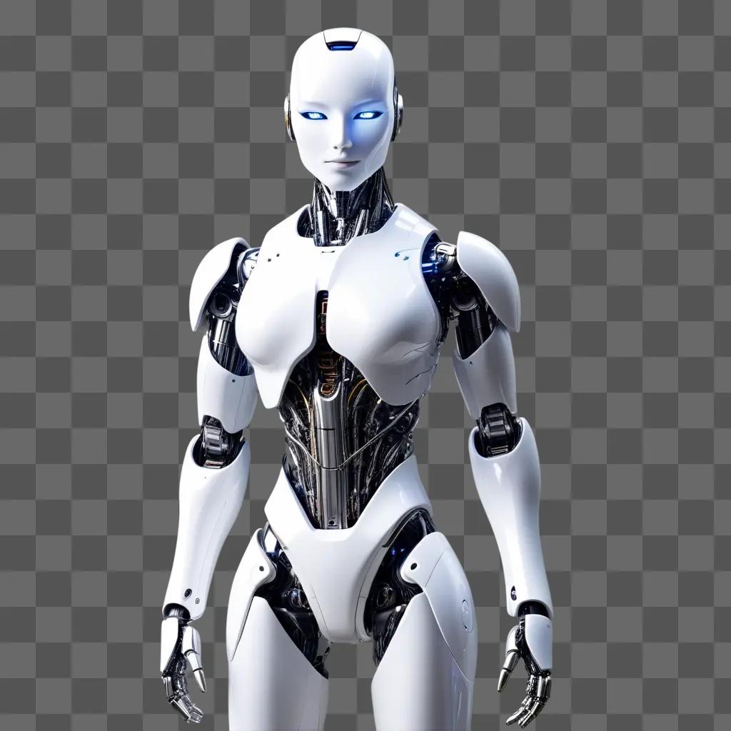 tificial intelligence robot in white color standing against a gray background