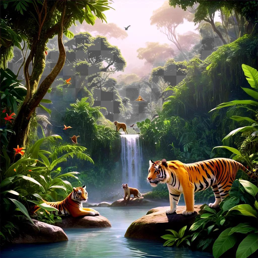 tiger and a lion in a jungle with a waterfall