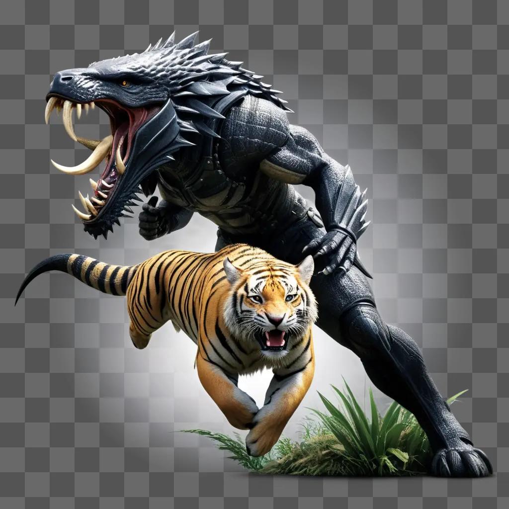 tiger and a monster are running in a forest