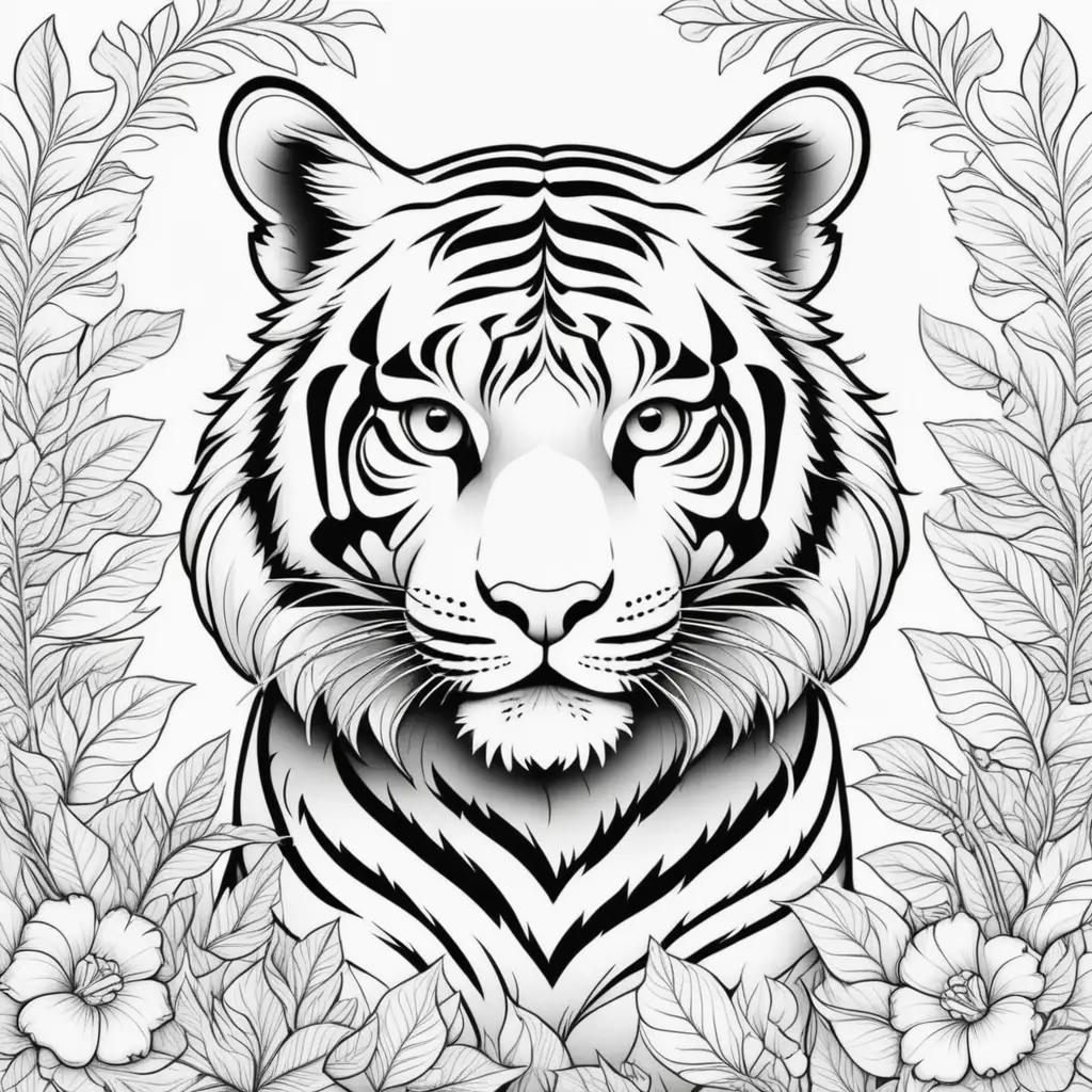 tiger coloring page with a frame of leaves and flowers