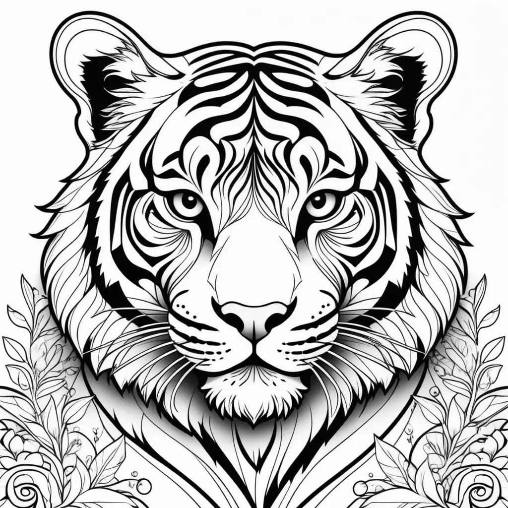 tiger coloring page with leaves on it