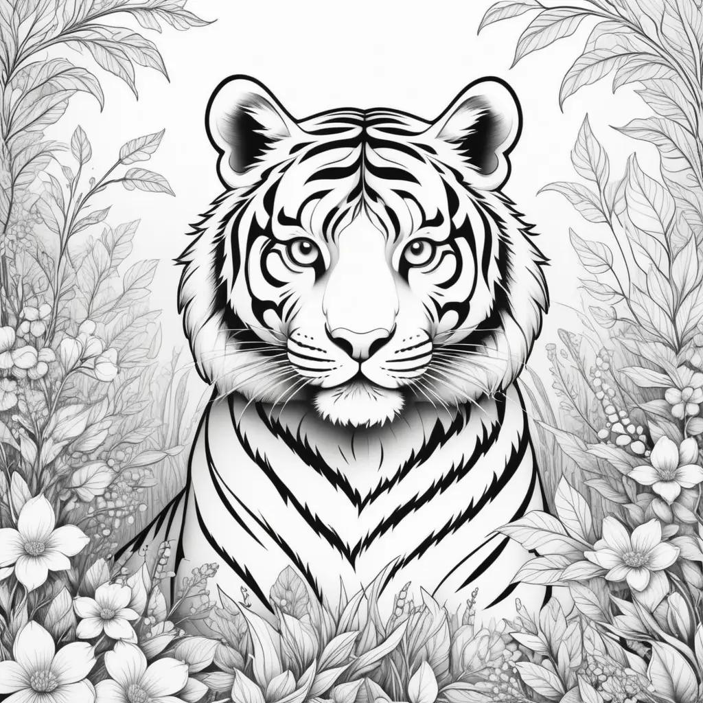 tiger in black and white coloring pages surrounded by flowers