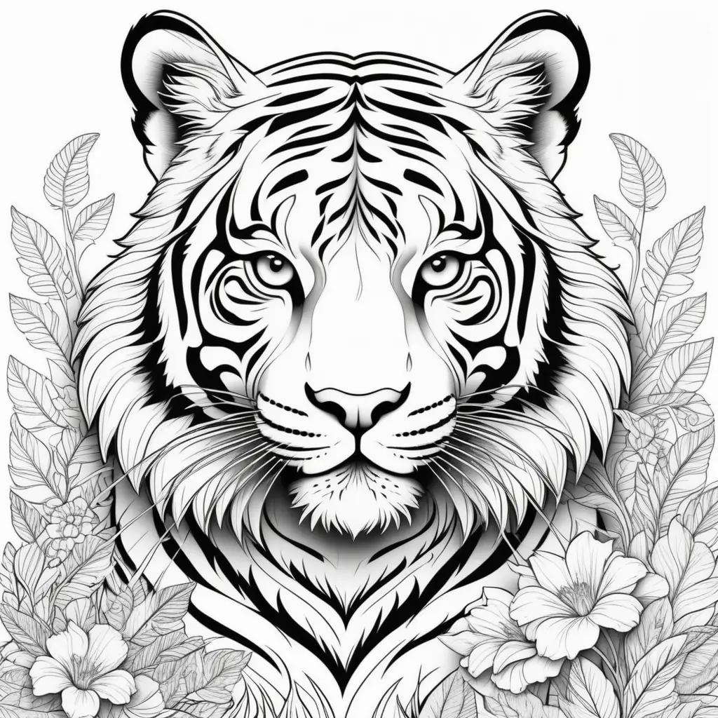 tiger is colored in black and white with flowers in the background