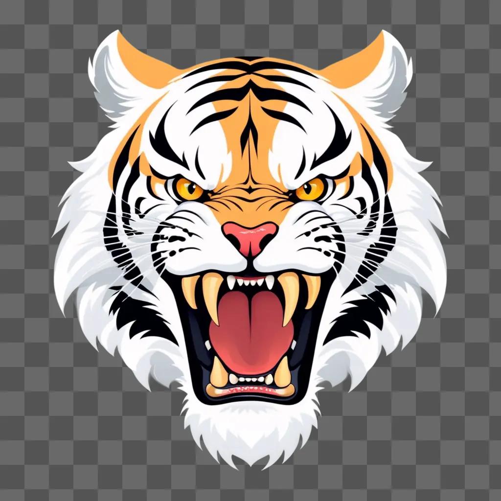 tiger with a fanged mouth and yellow eyes, appears angry