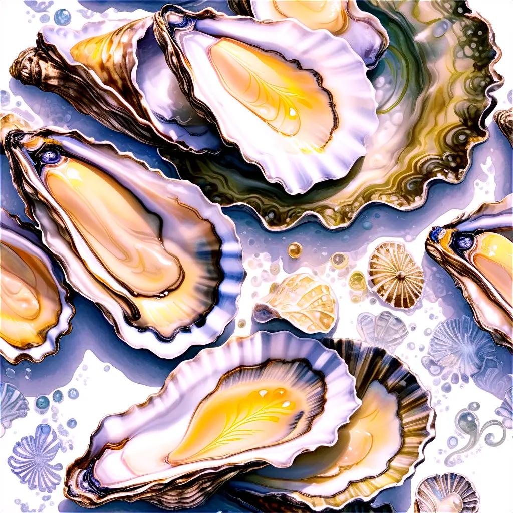 tistic depiction of oysters and seashells in various shades of blue