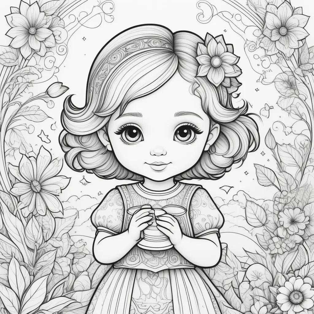 toddler coloring page featuring a cute girl holding a cup