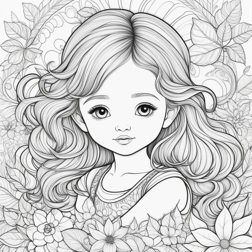 toddler coloring page with a girl and flowers