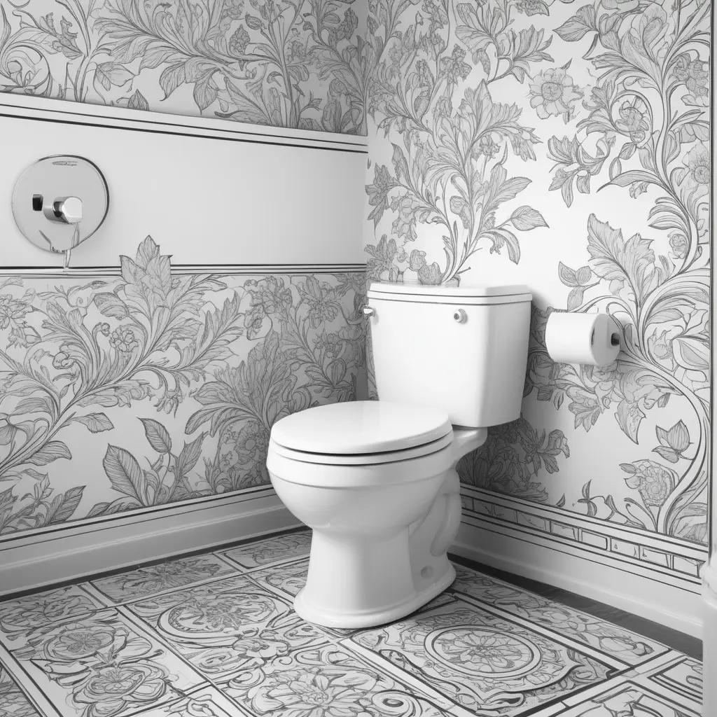 toilet in a bathroom with floral wallpaper and tiles