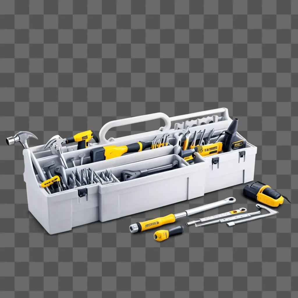 toolbox full of construction tools on a grey background