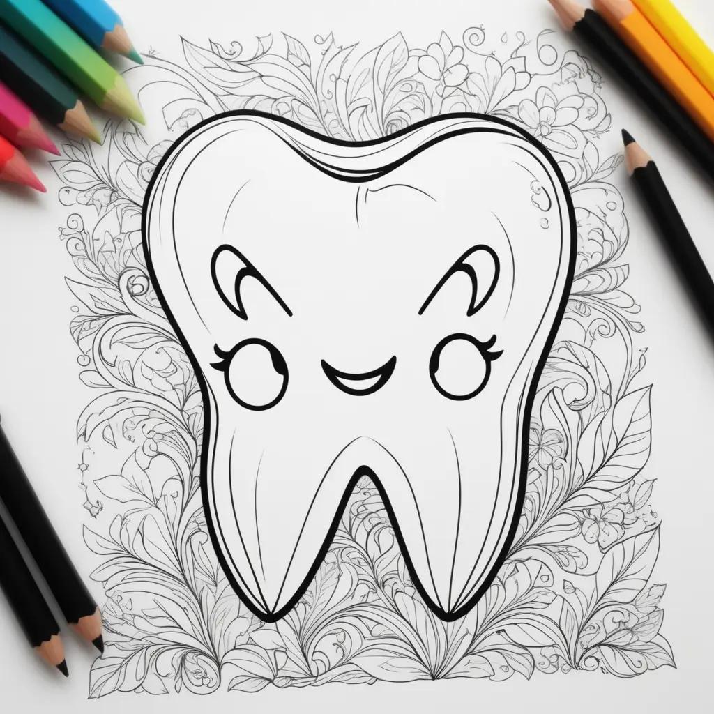 tooth coloring page with a smiling face and colorful pencils