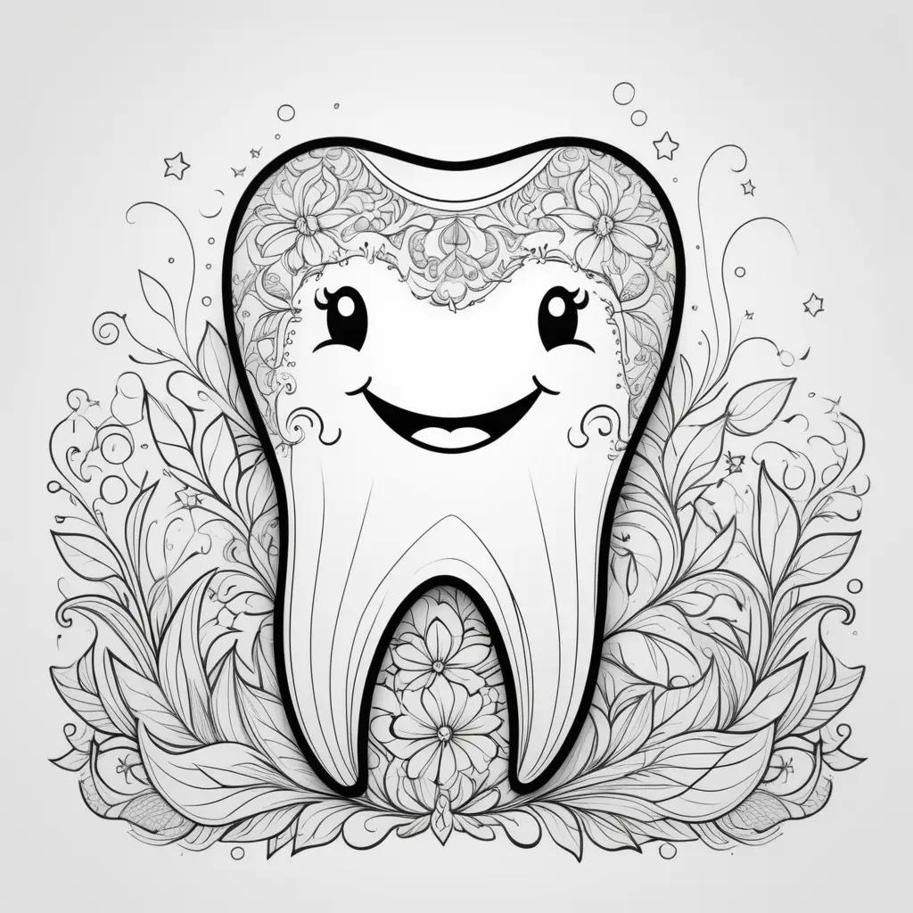 tooth coloring page with a smiling tooth and floral background