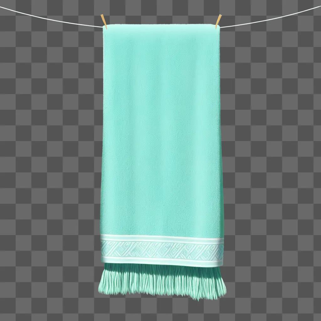 towel hanging on a wire against a bright blue wall