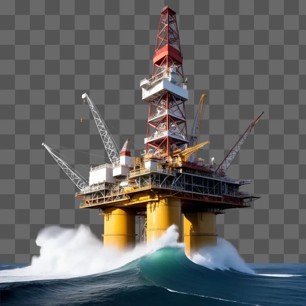 海にそびえ立つ石油掘削装置と、その周りを打ち寄せる波