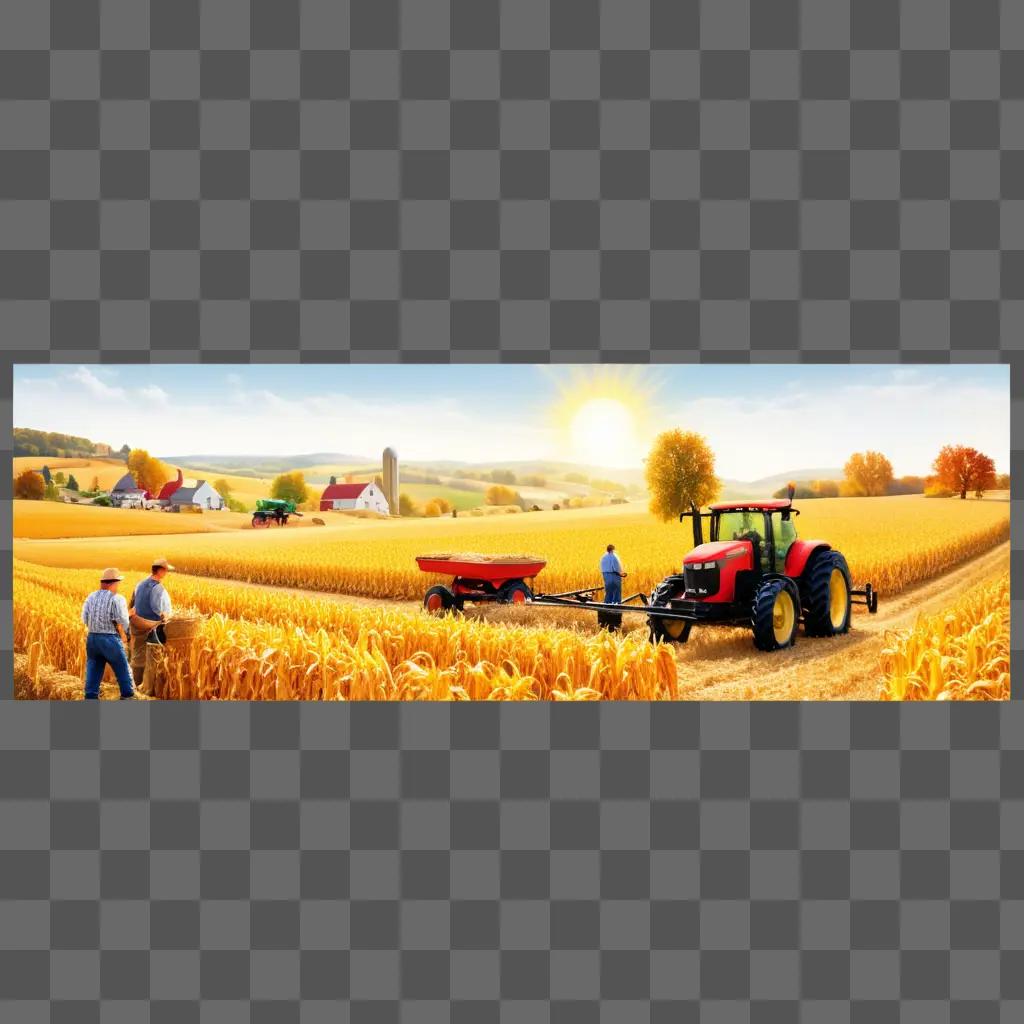 tractor and workers in a field of corn