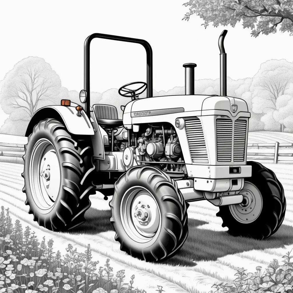 tractor coloring page shows a black and white drawing of a tractor