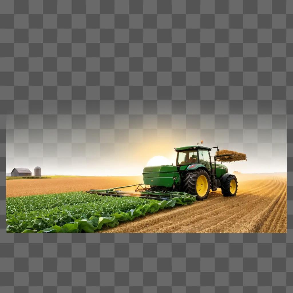 tractor is plowing a field with hay