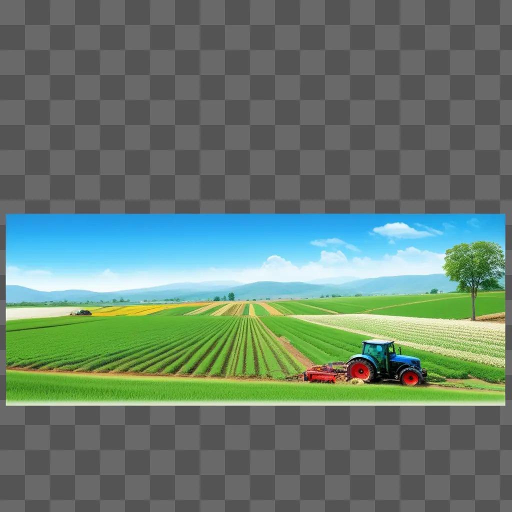 tractor plows a field in a green countryside