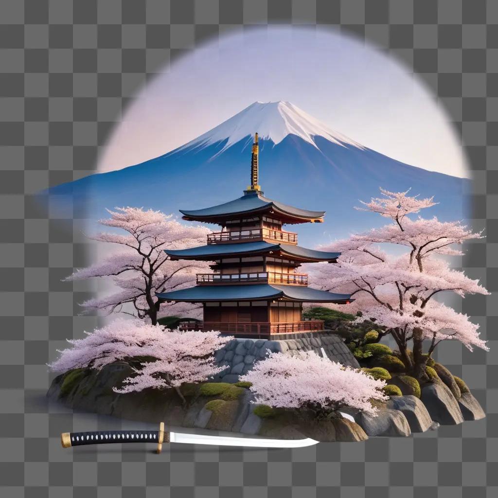 traditional Japanese temple with cherry blossoms and a sword