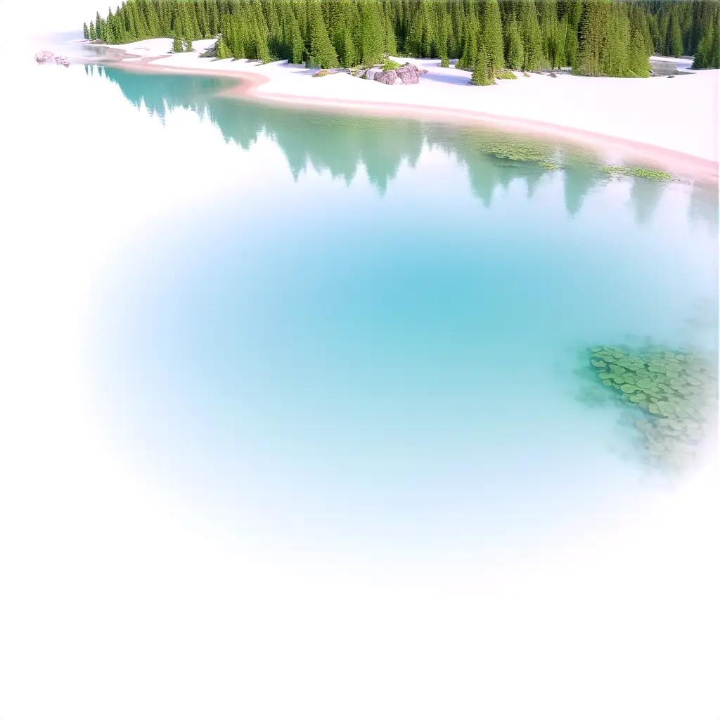 tranquil lake surrounded by snowy trees and a transparent sky