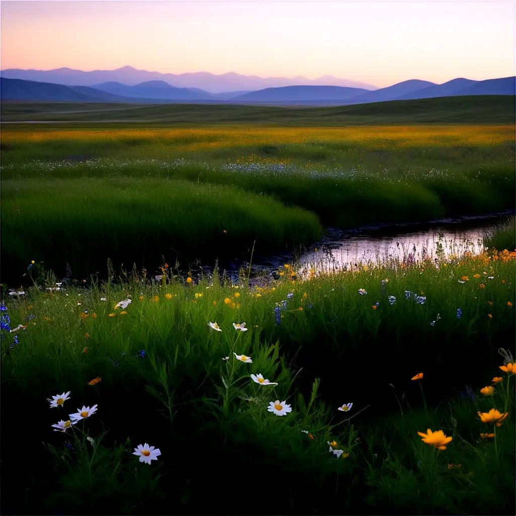花と水のある静かな牧草地