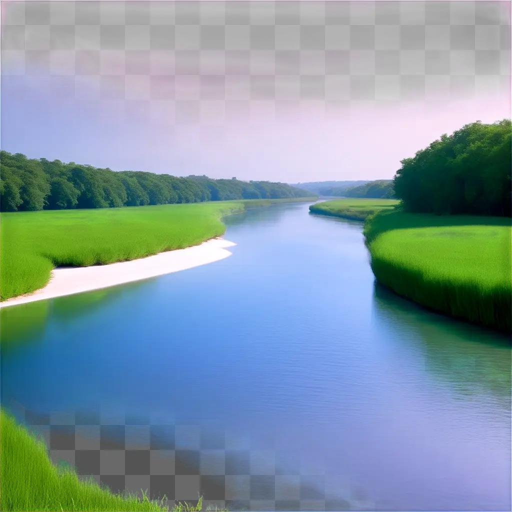 tranquil river flows past a lush, green landscape