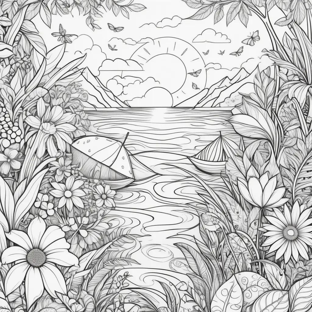 太陽の下で川に浮かぶ花とボートの静かなシーン