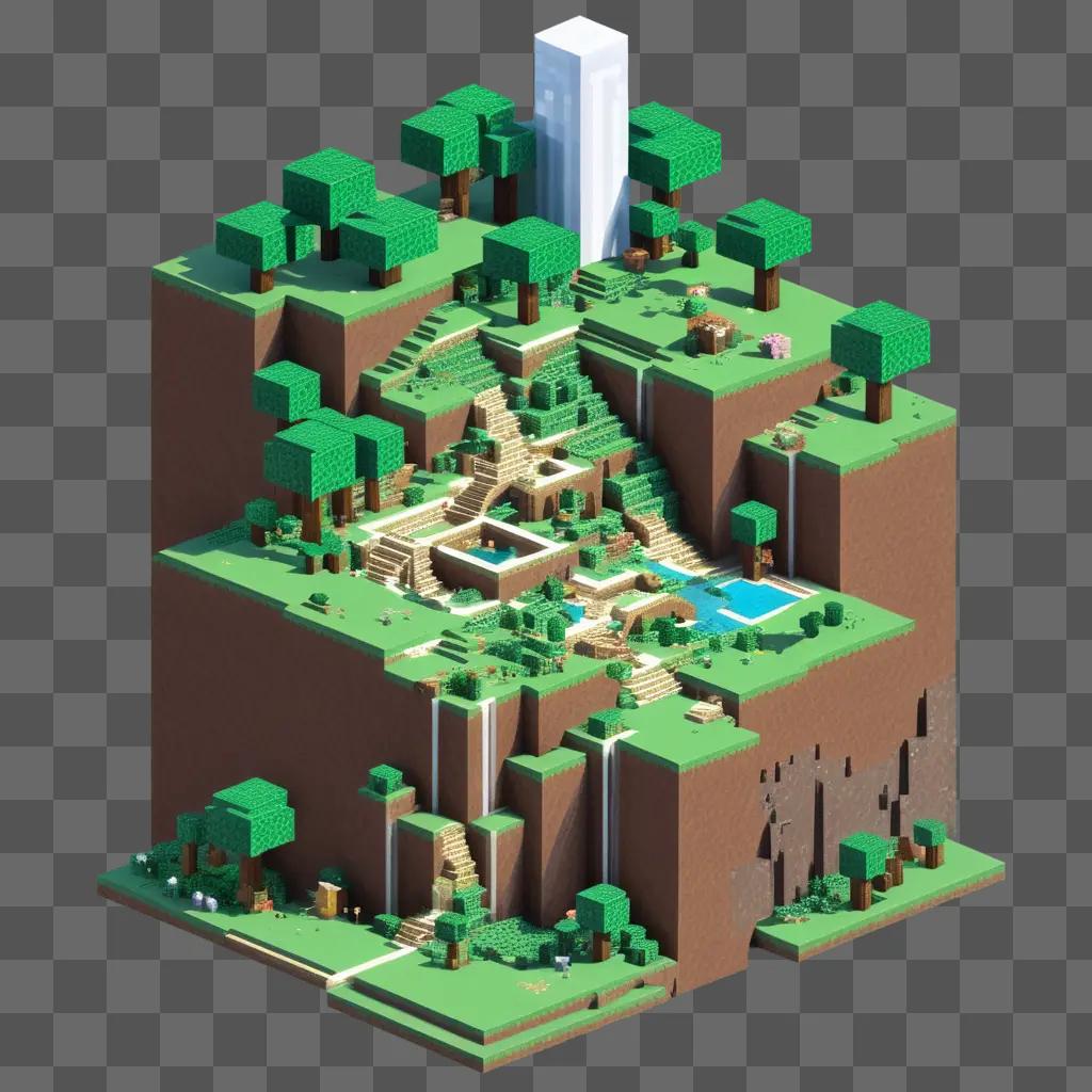 transparent 3D Minecraft model of a mountain with trees and a house