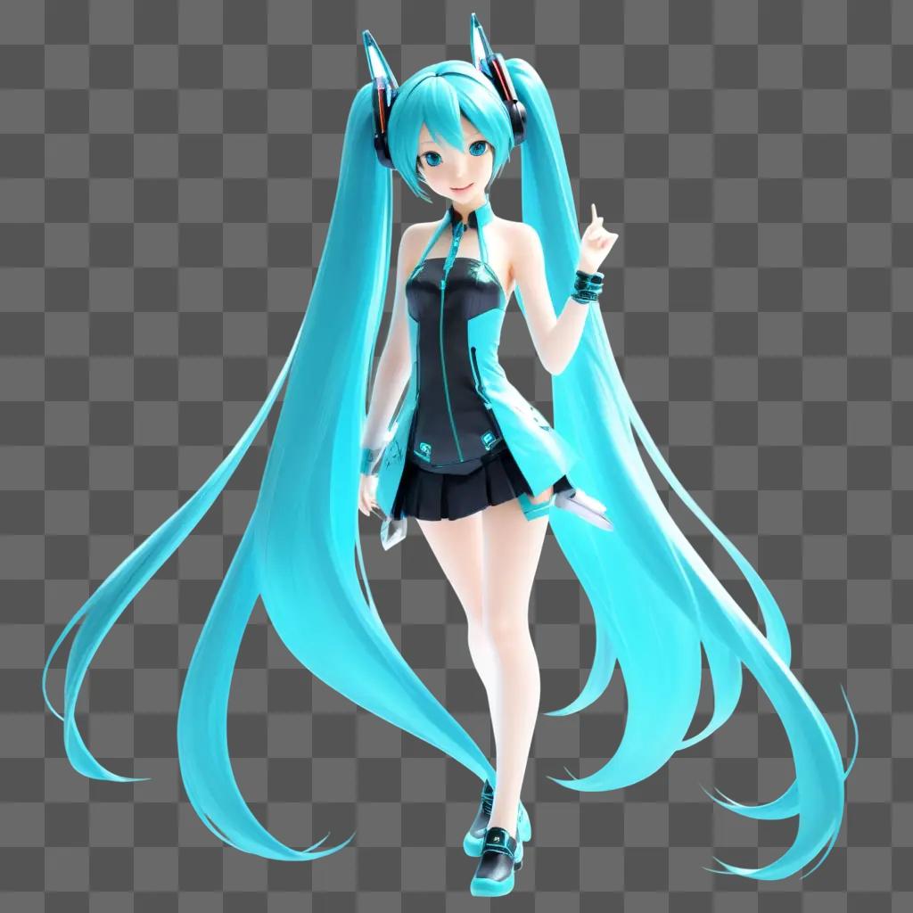 青い背景に透明な初音ミクのキャラクターがポーズ