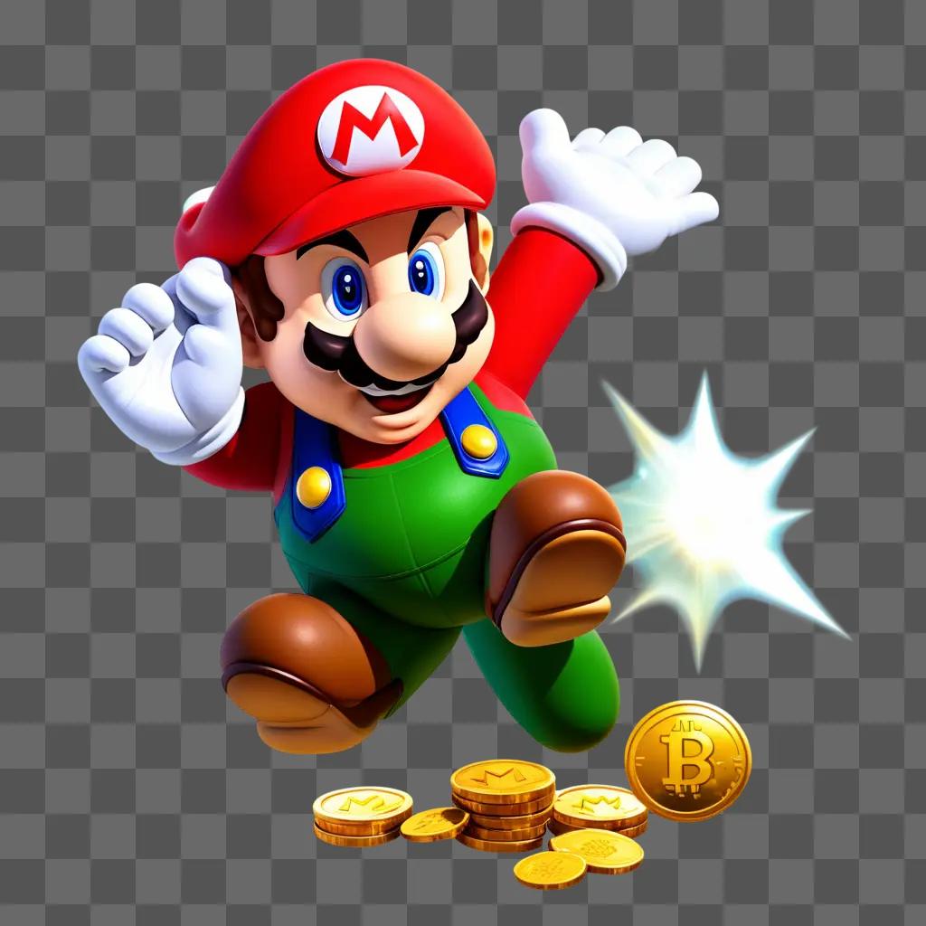 transparent Mario jumping over a bunch of coins