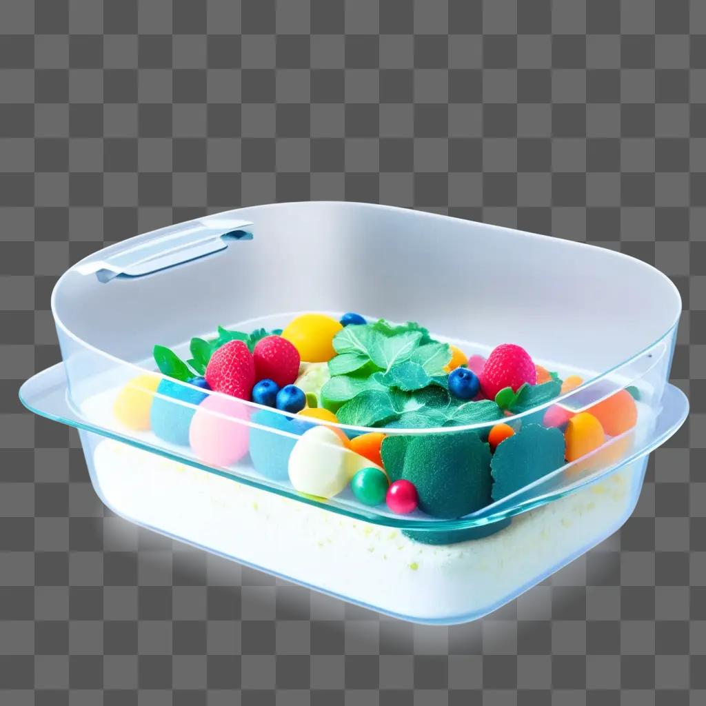 transparent baking dish filled with fruit and candy