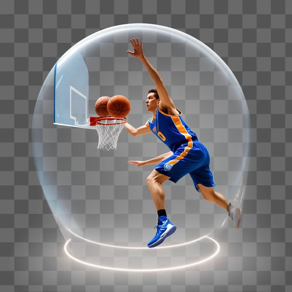 transparent basketball player makes a slam dunk