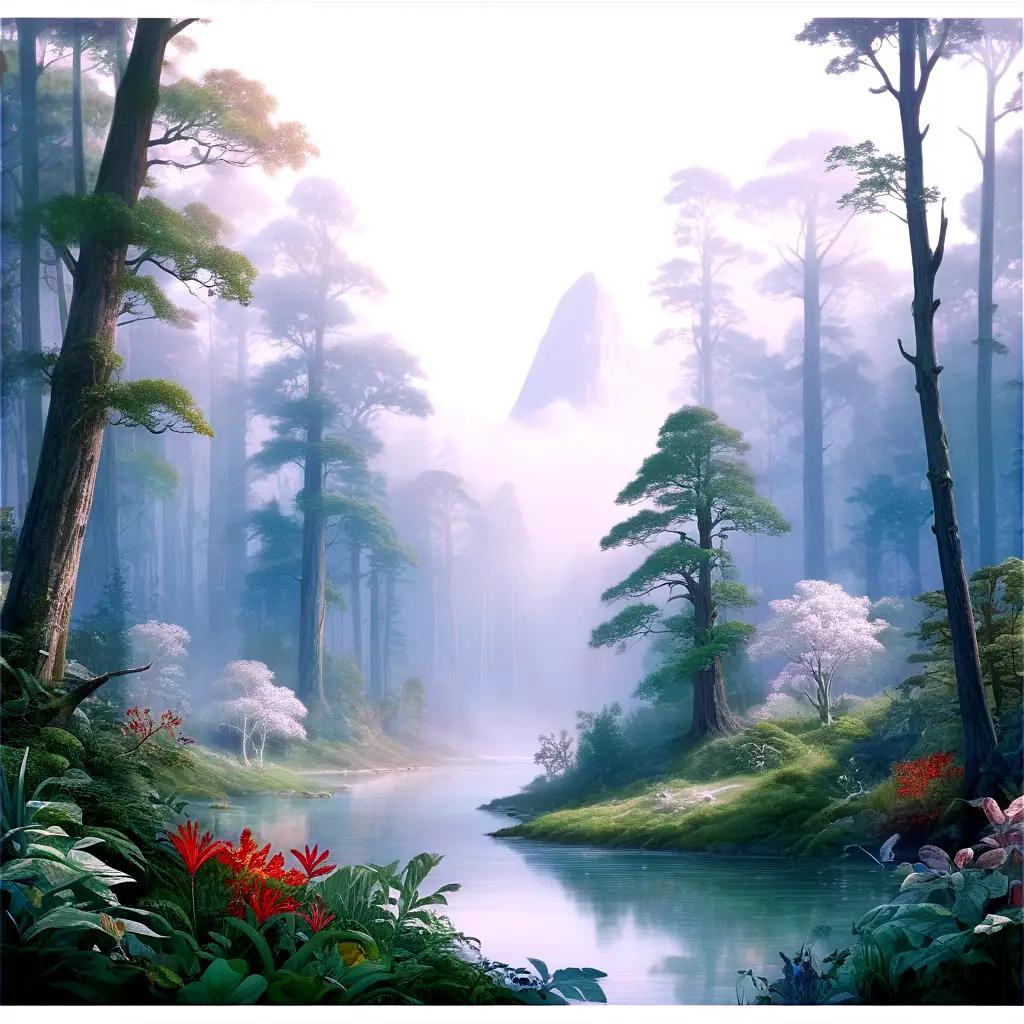 transparent blank image with a forest and river scene